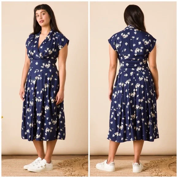 Emily and Fin Dresses | Emily and Fin Flora Freesia Retro 40S Dress Sz UK 8 US 4 Xs Navy Floral | Color: Blue/Cream | Size: Xs | Latenightcrepes's